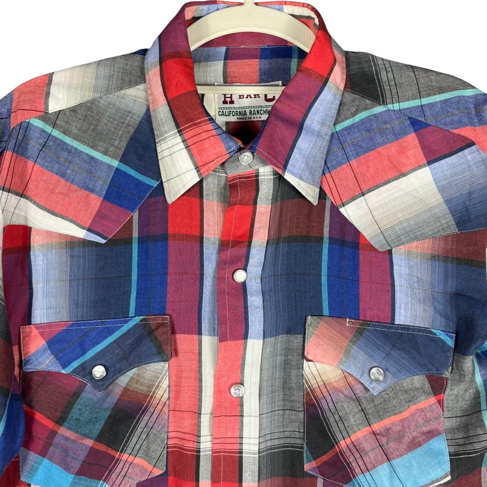 H Bar C Western Shirt Mens 15.5x34 Multicolor Plaid Pearl‎ Snap Vintage USA